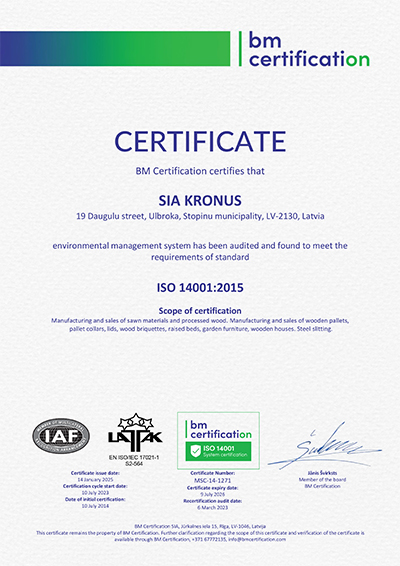 Kronus ISO 14001 Certificate 2025